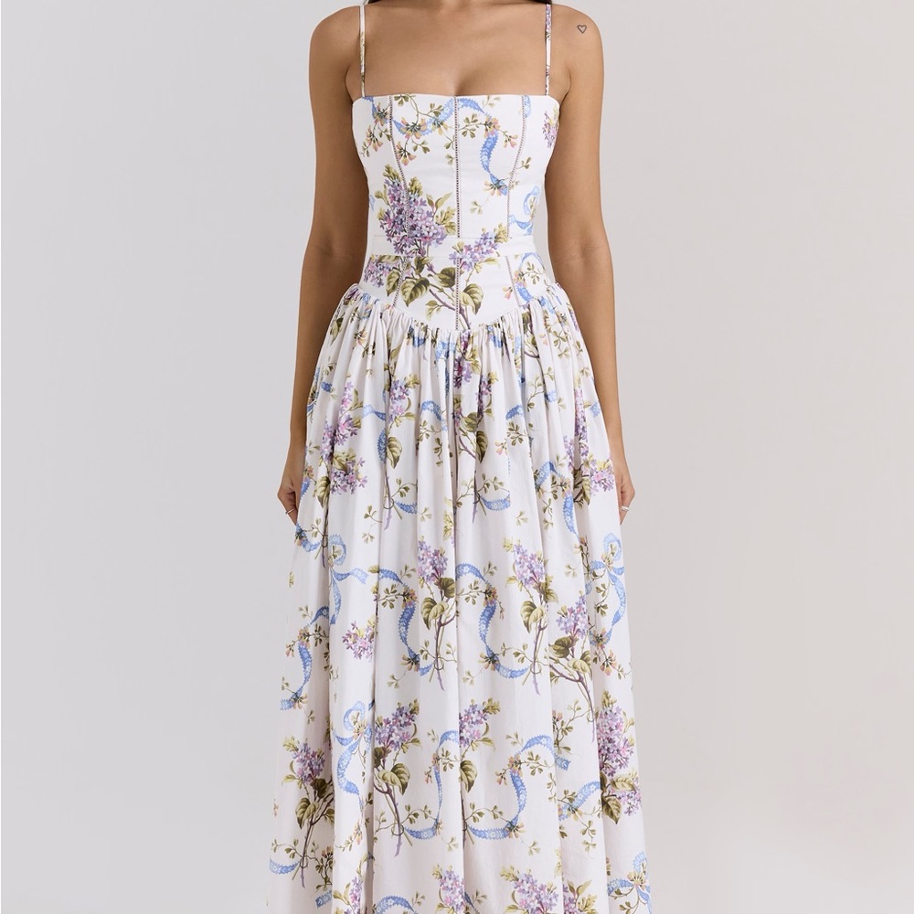 House of CB Ysabella Floral White & Blue Spaghetti-Strap Maxi Dress